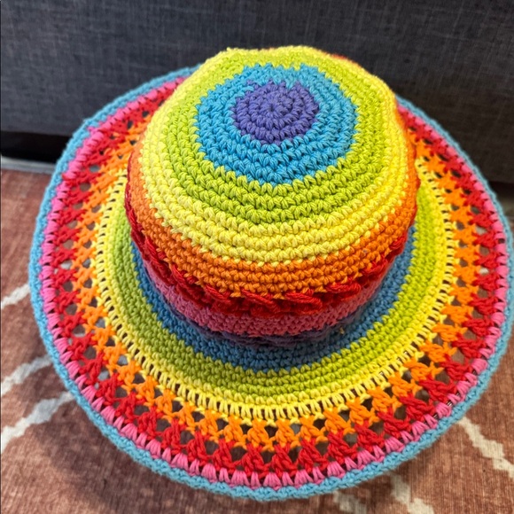 Handmade Crochet Rainbow Bucket Hat w/ Wired Brim Boho Festival Sun Hat - Picture 2 of 3